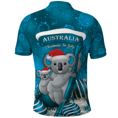 Australia Christmas In July Polo Shirt Mommy and Baby Koala Santa - Blue