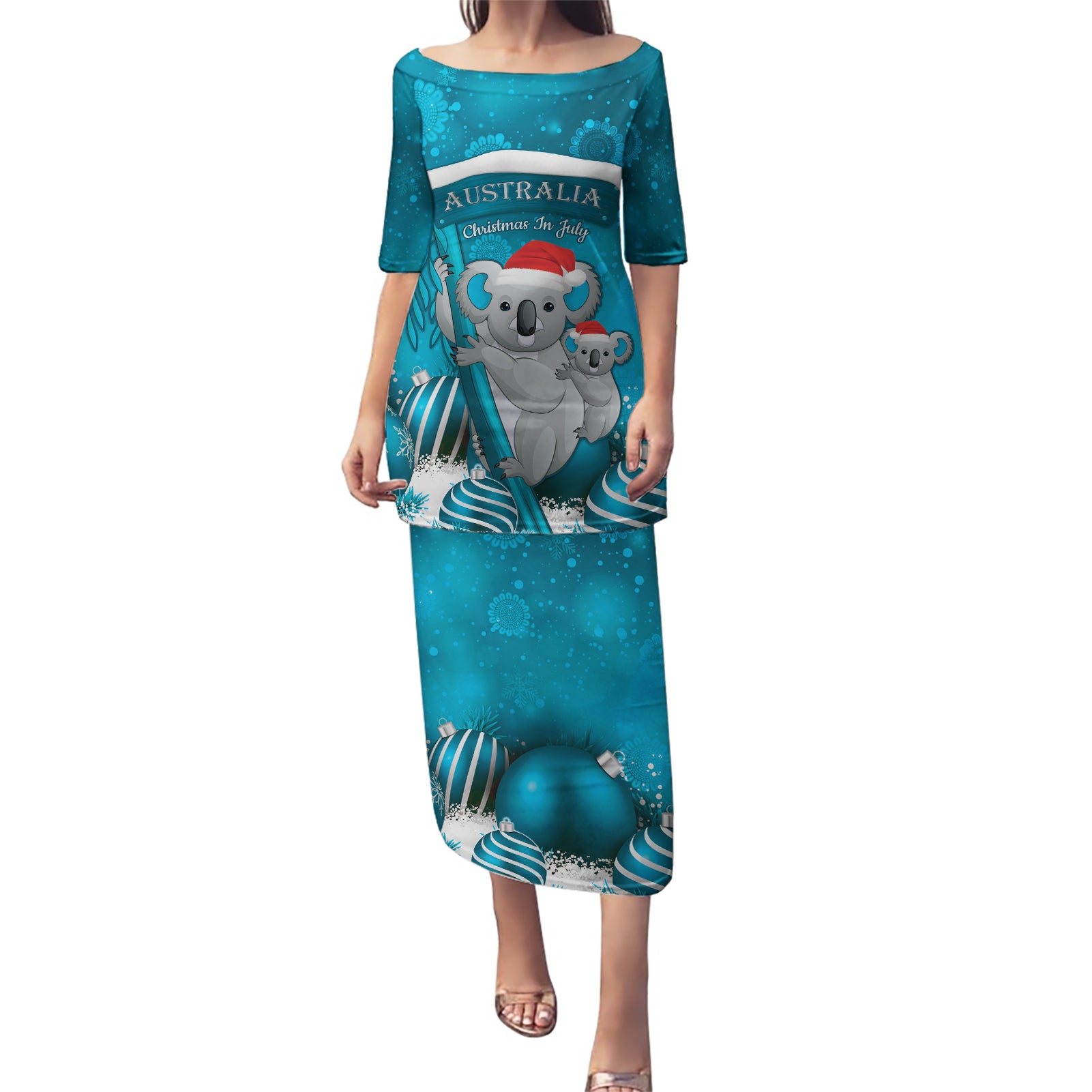 Australia Christmas In July Puletasi Mommy and Baby Koala Santa - Blue
