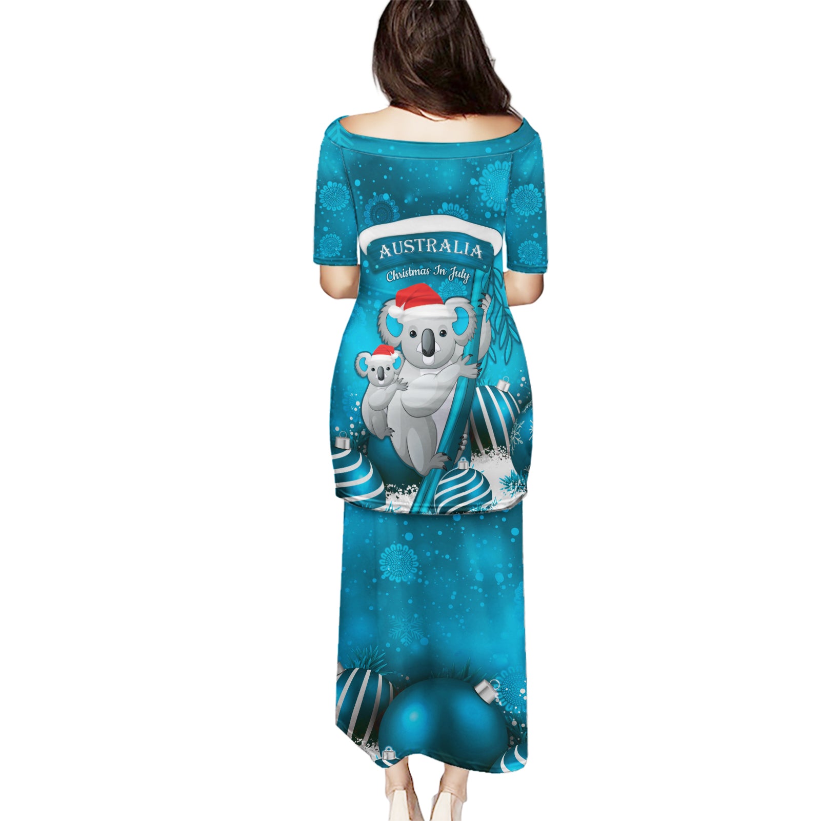 Australia Christmas In July Puletasi Mommy and Baby Koala Santa - Blue