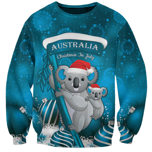 Australia Christmas In July Sweatshirt Mommy and Baby Koala Santa - Blue