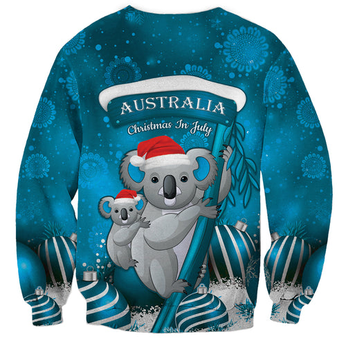 Australia Christmas In July Sweatshirt Mommy and Baby Koala Santa - Blue