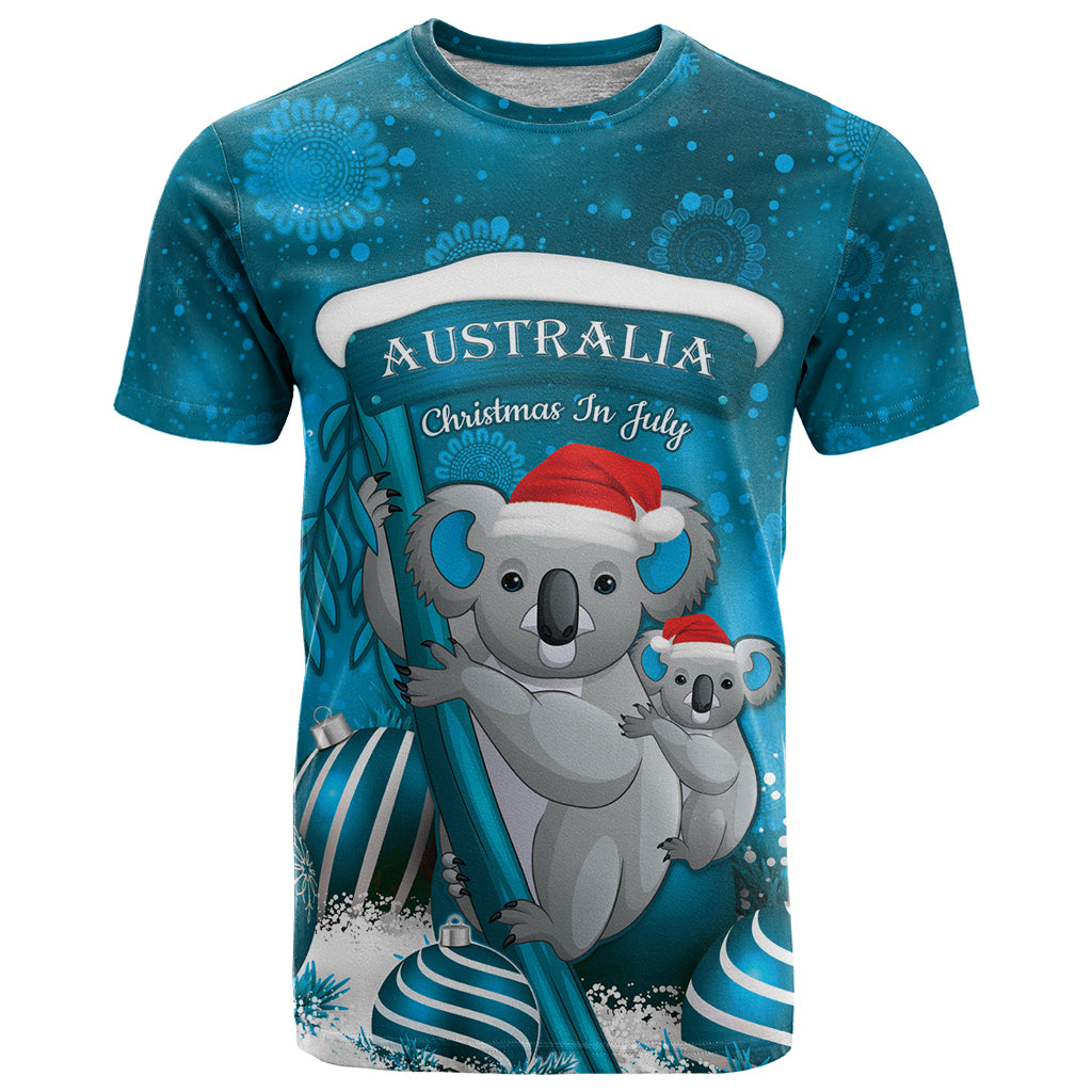 Australia Christmas In July T Shirt Mommy and Baby Koala Santa - Blue