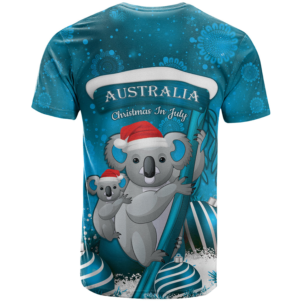 Australia Christmas In July T Shirt Mommy and Baby Koala Santa - Blue