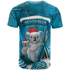 Australia Christmas In July T Shirt Mommy and Baby Koala Santa - Blue