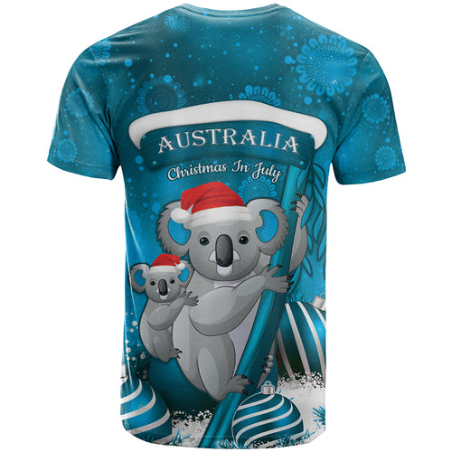 Australia Christmas In July T Shirt Mommy and Baby Koala Santa - Blue