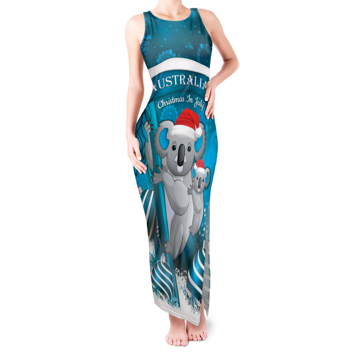 Australia Christmas In July Tank Maxi Dress Mommy and Baby Koala Santa - Blue