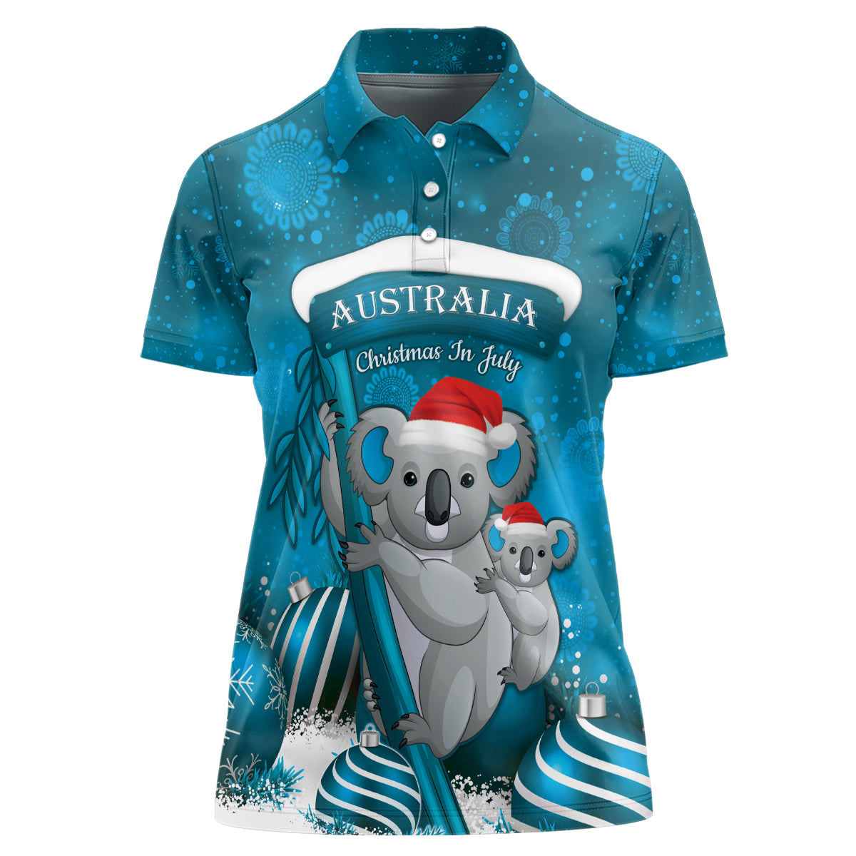 Australia Christmas In July Women Polo Shirt Mommy and Baby Koala Santa - Blue