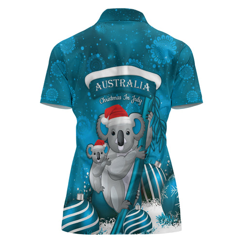 Australia Christmas In July Women Polo Shirt Mommy and Baby Koala Santa - Blue