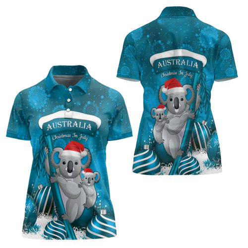 Australia Christmas In July Women Polo Shirt Mommy and Baby Koala Santa - Blue
