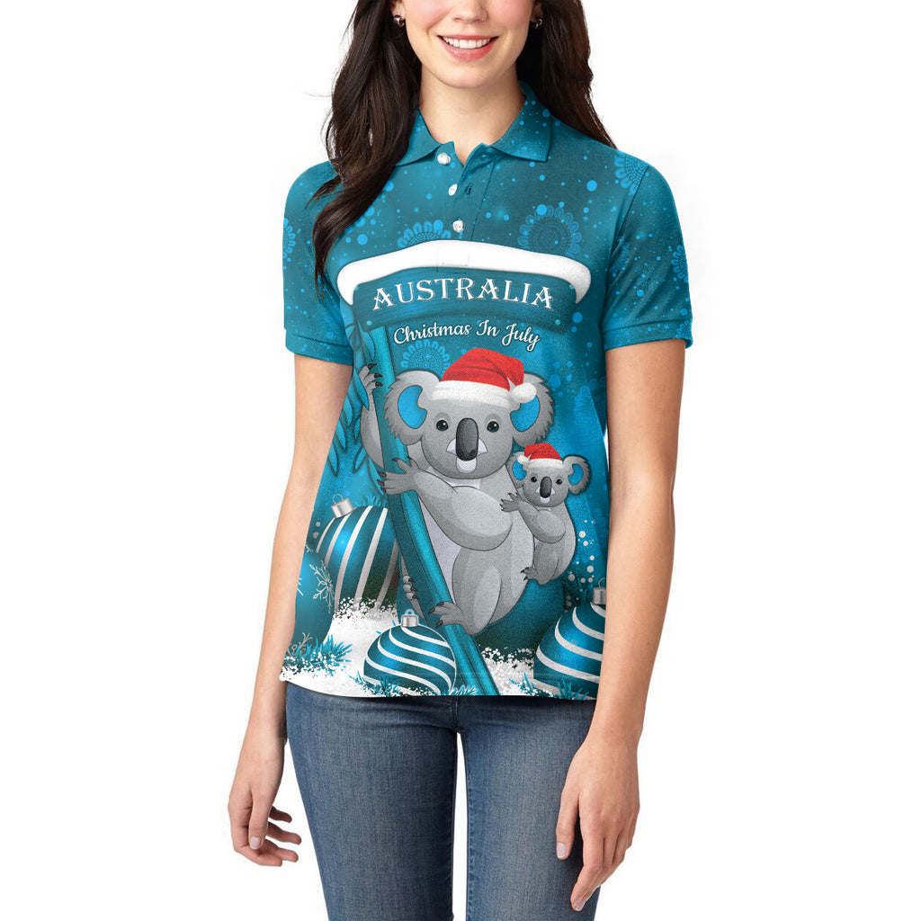 Australia Christmas In July Women Polo Shirt Mommy and Baby Koala Santa - Blue