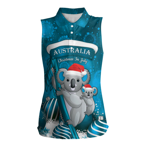 Australia Christmas In July Women Sleeveless Polo Shirt Mommy and Baby Koala Santa - Blue