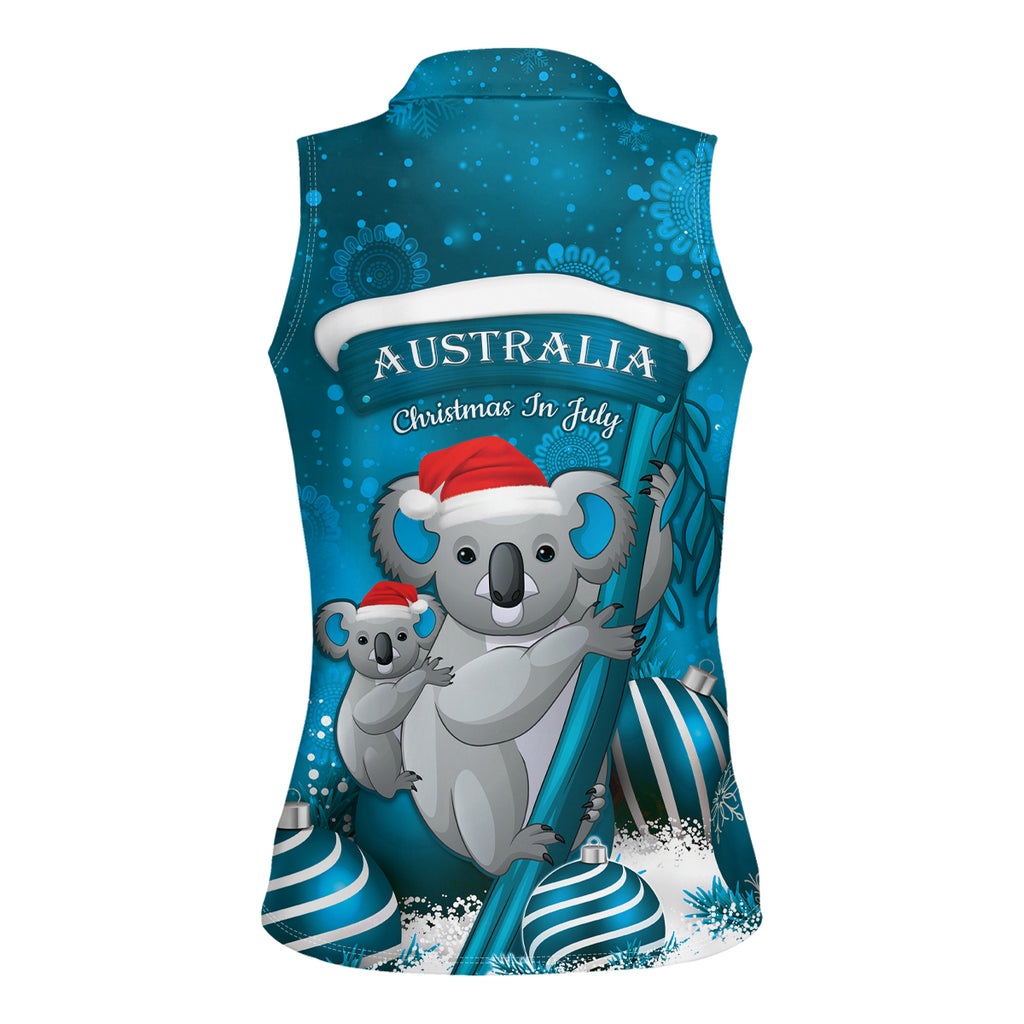 Australia Christmas In July Women Sleeveless Polo Shirt Mommy and Baby Koala Santa - Blue