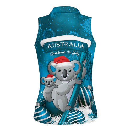 Australia Christmas In July Women Sleeveless Polo Shirt Mommy and Baby Koala Santa - Blue