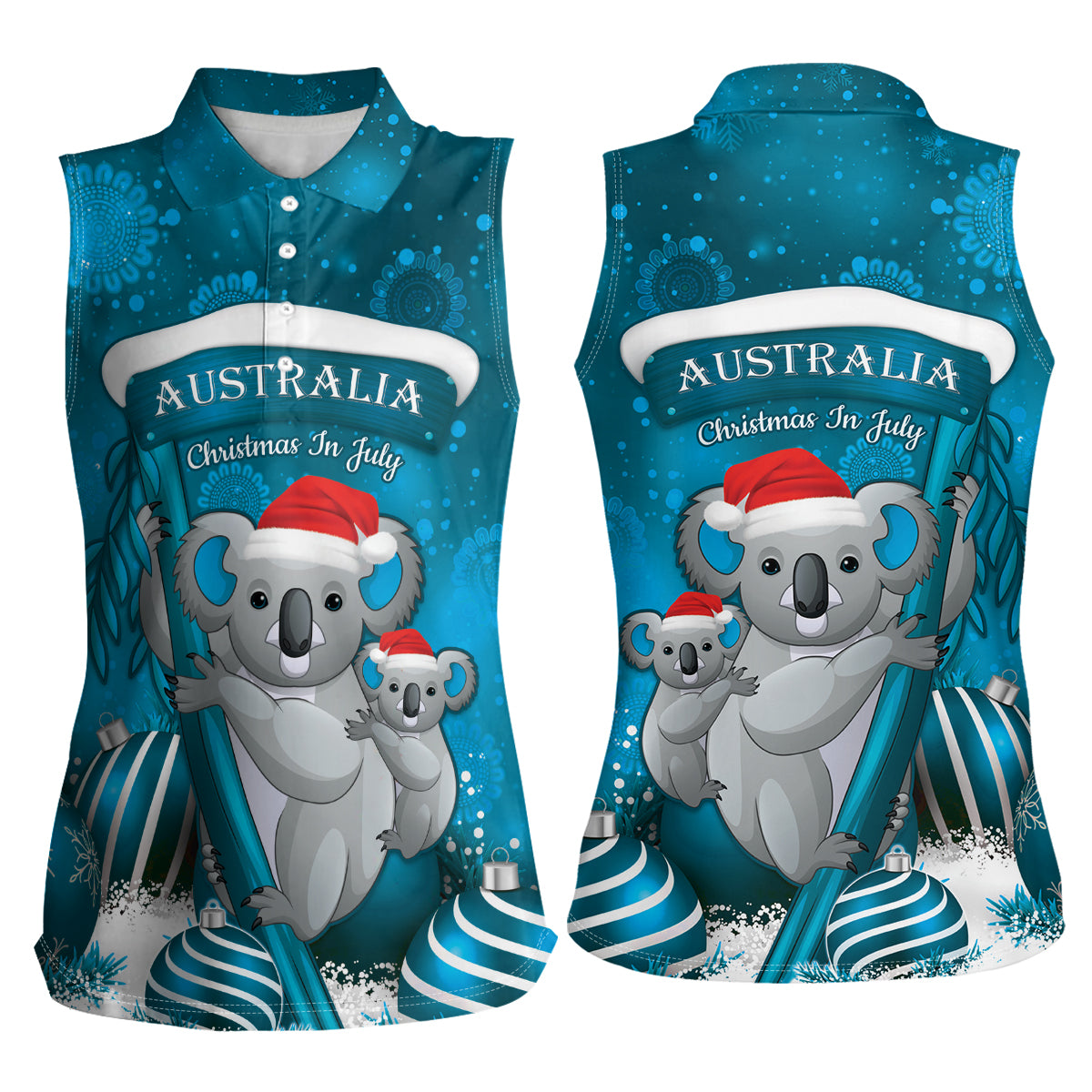 Australia Christmas In July Women Sleeveless Polo Shirt Mommy and Baby Koala Santa - Blue