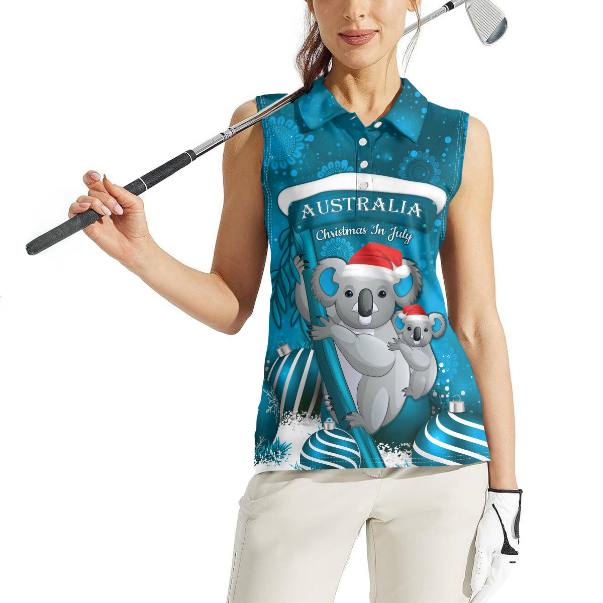 Australia Christmas In July Women Sleeveless Polo Shirt Mommy and Baby Koala Santa - Blue