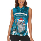 Australia Christmas In July Women Sleeveless Polo Shirt Mommy and Baby Koala Santa - Blue