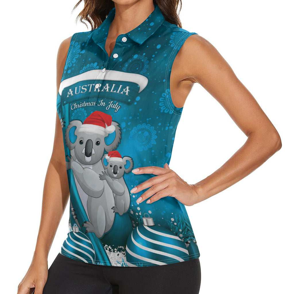 Australia Christmas In July Women Sleeveless Polo Shirt Mommy and Baby Koala Santa - Blue