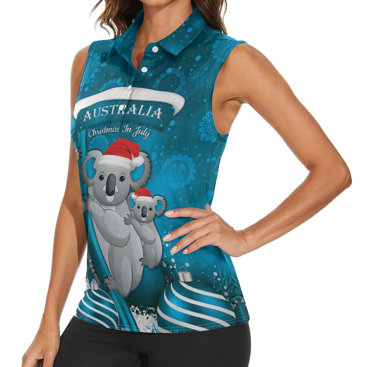 Australia Christmas In July Women Sleeveless Polo Shirt Mommy and Baby Koala Santa - Blue