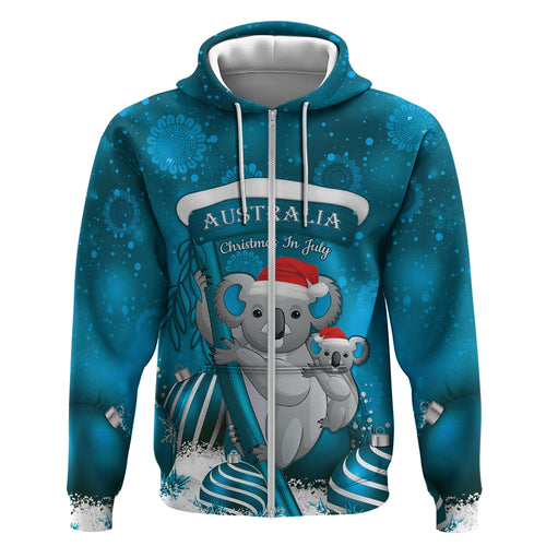 Australia Christmas In July Zip Hoodie Mommy and Baby Koala Santa - Blue