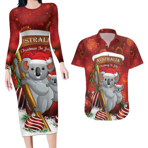 Australia Koala Couples Matching Long Sleeve Bodycon Dress and Hawaiian Shirt Christmas In July - Red