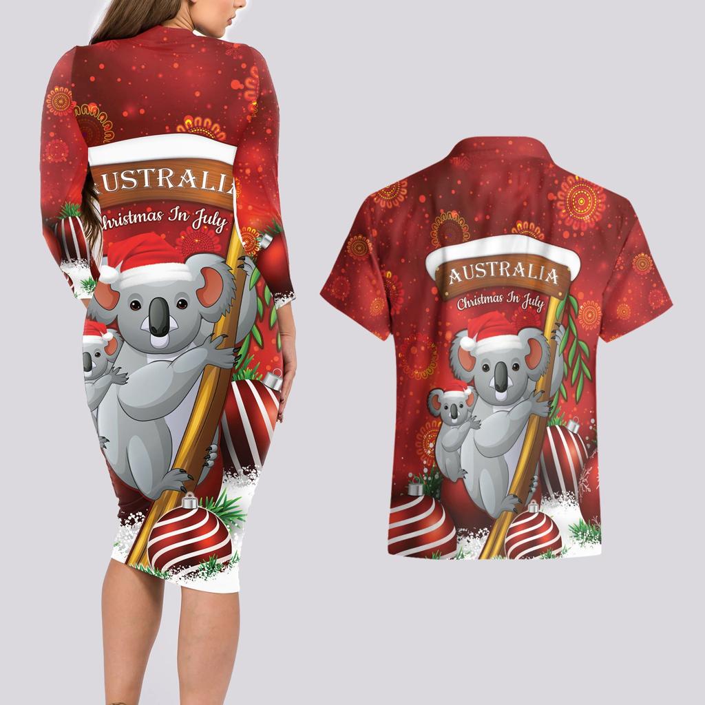 Australia Koala Couples Matching Long Sleeve Bodycon Dress and Hawaiian Shirt Christmas In July - Red