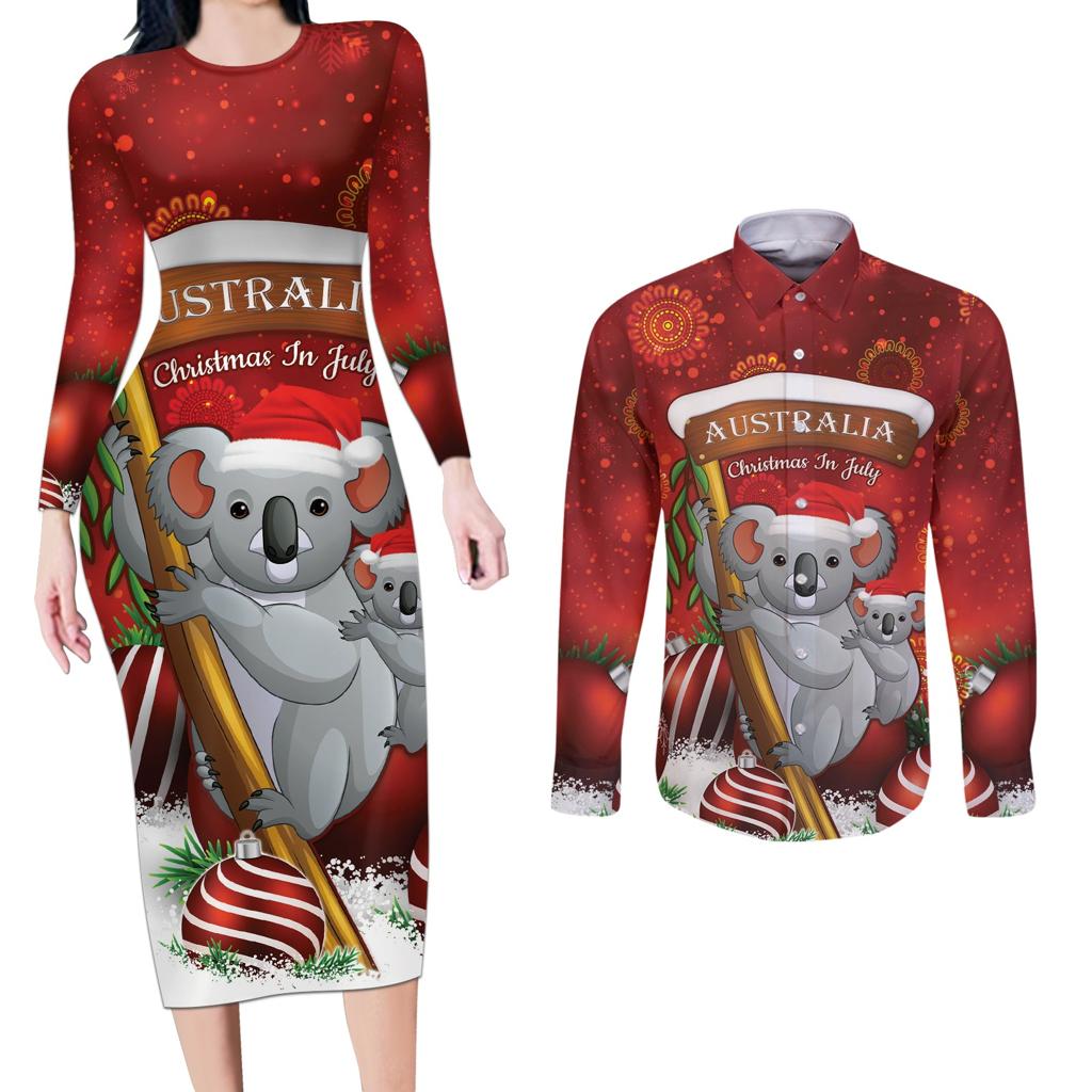 Australia Koala Couples Matching Long Sleeve Bodycon Dress and Long Sleeve Button Shirt Christmas In July - Red