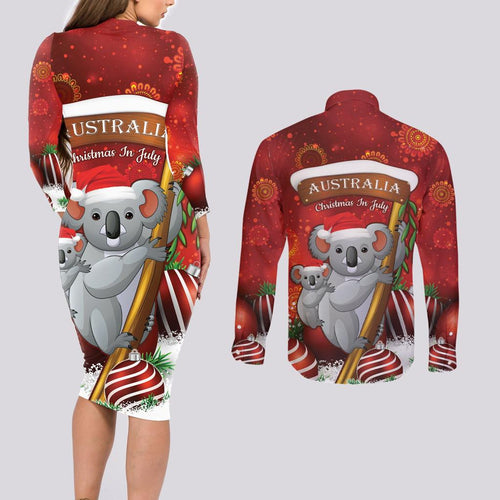 Australia Koala Couples Matching Long Sleeve Bodycon Dress and Long Sleeve Button Shirt Christmas In July - Red