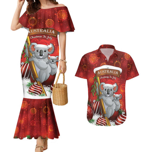 Australia Koala Couples Matching Mermaid Dress and Hawaiian Shirt Christmas In July - Red