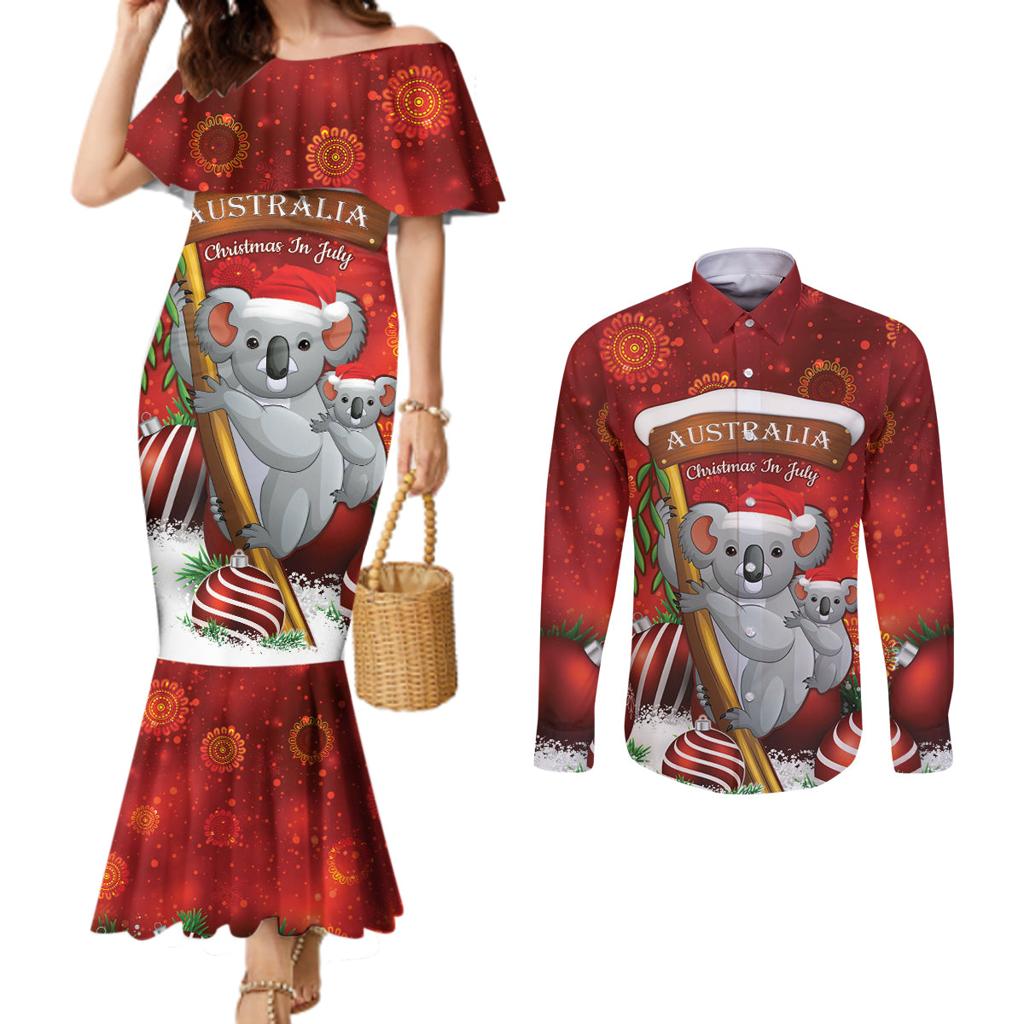 Australia Koala Couples Matching Mermaid Dress and Long Sleeve Button Shirt Christmas In July - Red