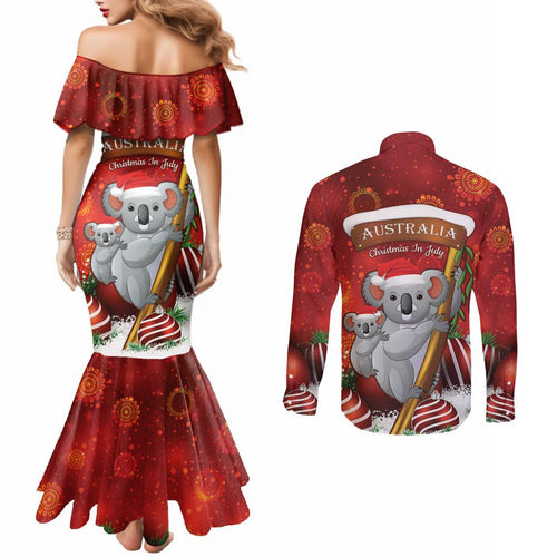 Australia Koala Couples Matching Mermaid Dress and Long Sleeve Button Shirt Christmas In July - Red