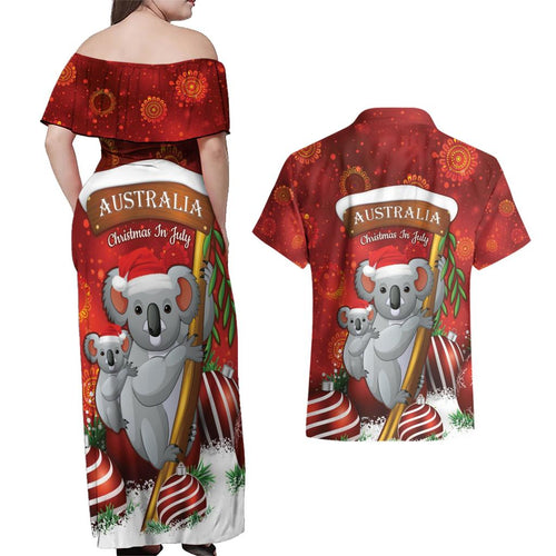 Australia Koala Couples Matching Off Shoulder Maxi Dress and Hawaiian Shirt Christmas In July - Red