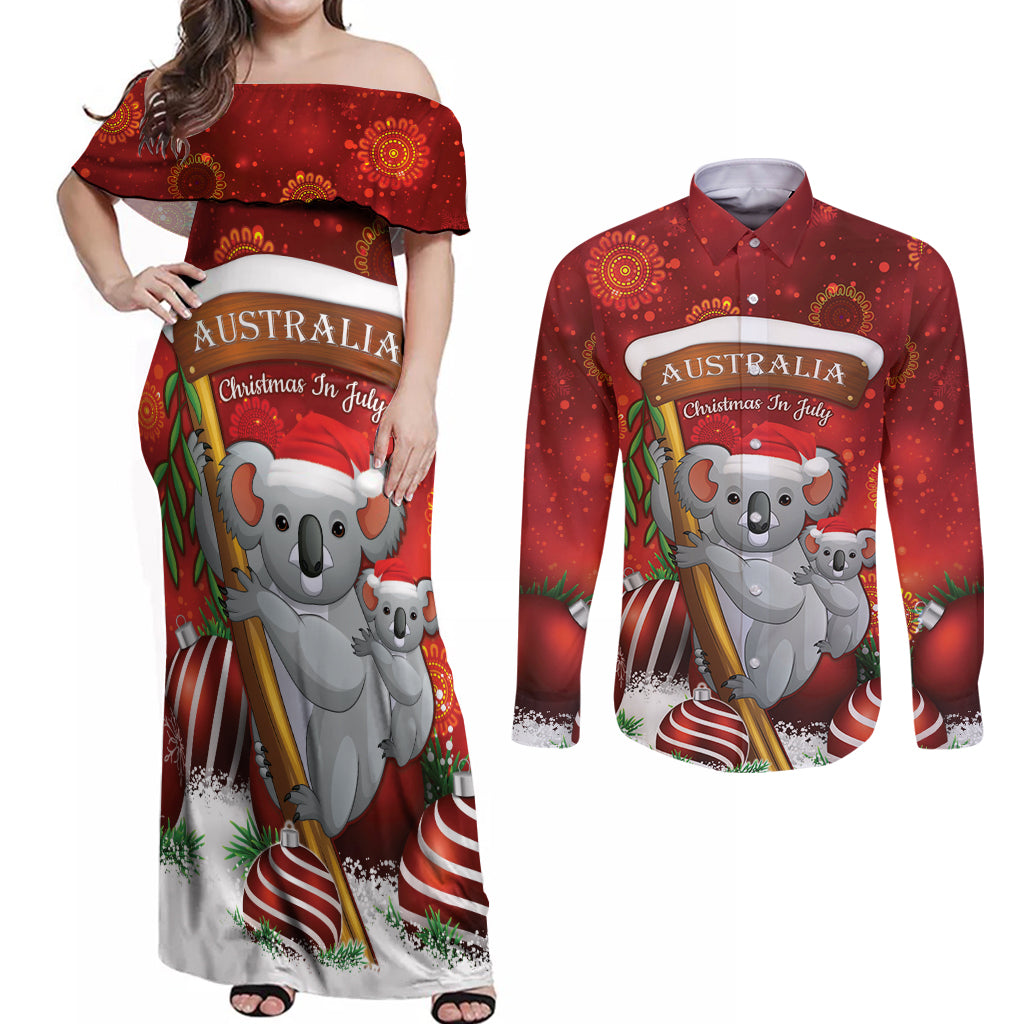 Australia Koala Couples Matching Off Shoulder Maxi Dress and Long Sleeve Button Shirt Christmas In July - Red