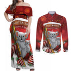 Australia Koala Couples Matching Off Shoulder Maxi Dress and Long Sleeve Button Shirt Christmas In July - Red