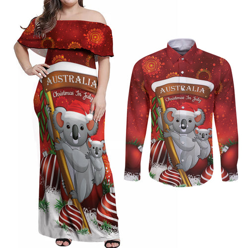 Australia Koala Couples Matching Off Shoulder Maxi Dress and Long Sleeve Button Shirt Christmas In July - Red