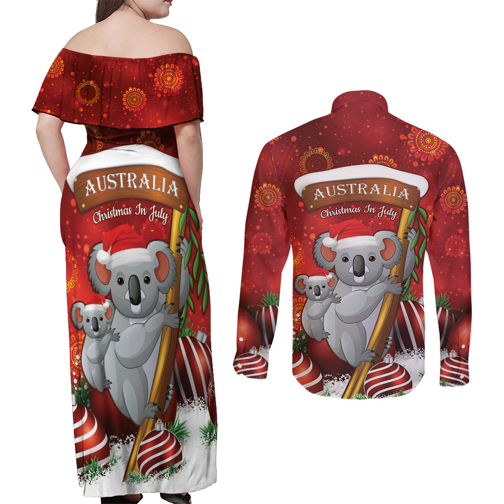 Australia Koala Couples Matching Off Shoulder Maxi Dress and Long Sleeve Button Shirt Christmas In July - Red