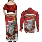 Australia Koala Couples Matching Off Shoulder Maxi Dress and Long Sleeve Button Shirt Christmas In July - Red