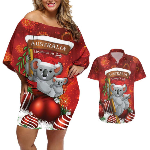 Australia Koala Couples Matching Off Shoulder Short Dress and Hawaiian Shirt Christmas In July - Red