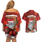 Australia Koala Couples Matching Off Shoulder Short Dress and Hawaiian Shirt Christmas In July - Red