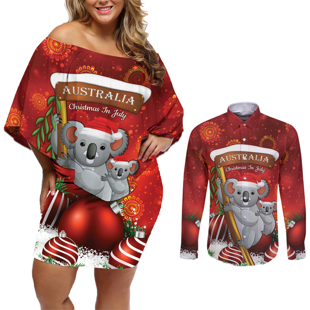 Australia Koala Couples Matching Off Shoulder Short Dress and Long Sleeve Button Shirt Christmas In July - Red