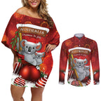 Australia Koala Couples Matching Off Shoulder Short Dress and Long Sleeve Button Shirt Christmas In July - Red