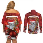 Australia Koala Couples Matching Off Shoulder Short Dress and Long Sleeve Button Shirt Christmas In July - Red