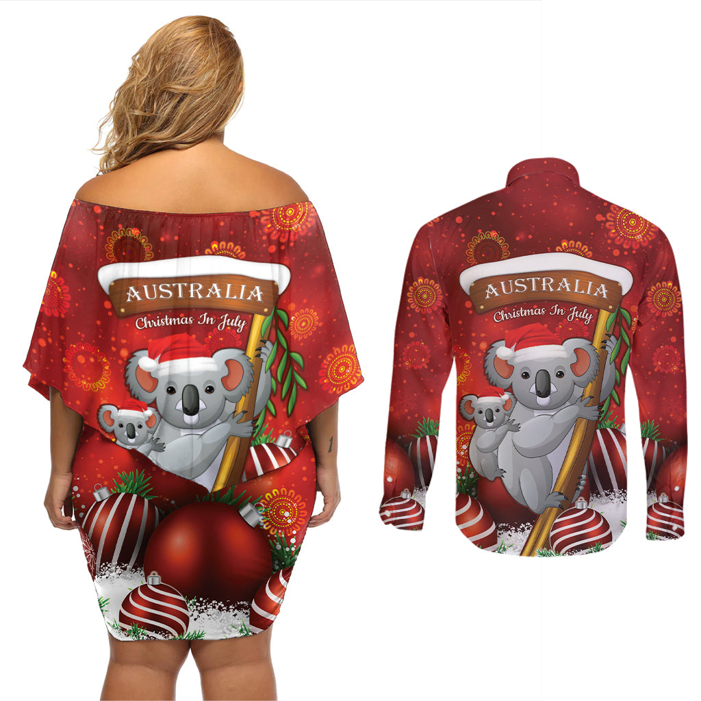 Australia Koala Couples Matching Off Shoulder Short Dress and Long Sleeve Button Shirt Christmas In July - Red