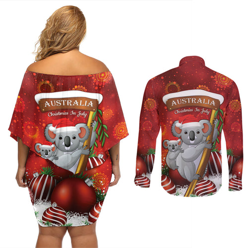Australia Koala Couples Matching Off Shoulder Short Dress and Long Sleeve Button Shirt Christmas In July - Red