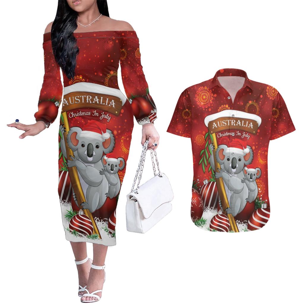 Australia Koala Couples Matching Off The Shoulder Long Sleeve Dress and Hawaiian Shirt Christmas In July - Red