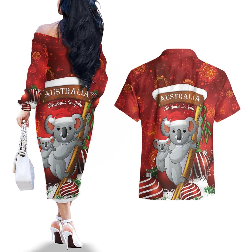 Australia Koala Couples Matching Off The Shoulder Long Sleeve Dress and Hawaiian Shirt Christmas In July - Red