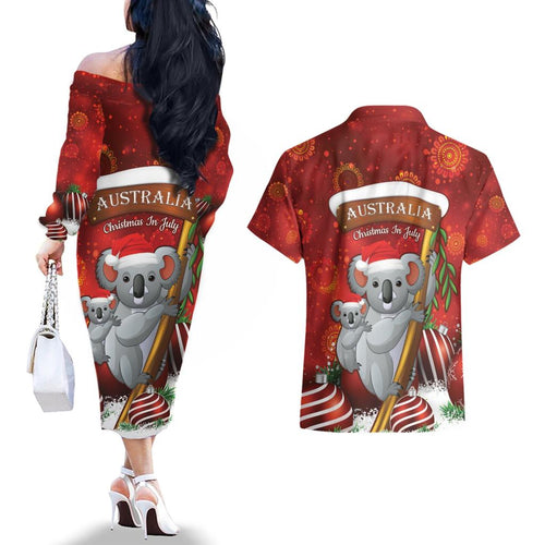 Australia Koala Couples Matching Off The Shoulder Long Sleeve Dress and Hawaiian Shirt Christmas In July - Red