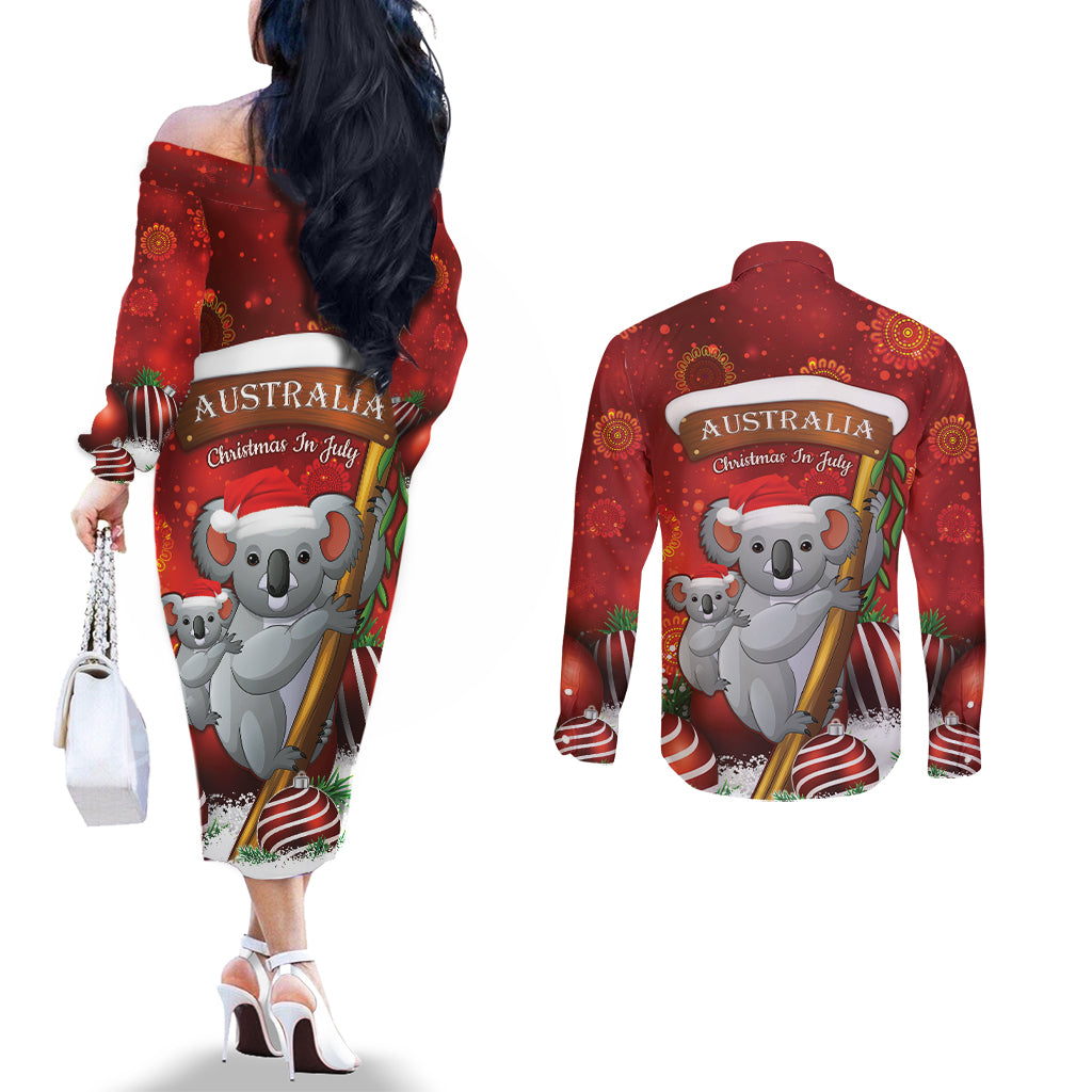 Australia Koala Couples Matching Off The Shoulder Long Sleeve Dress and Long Sleeve Button Shirt Christmas In July - Red
