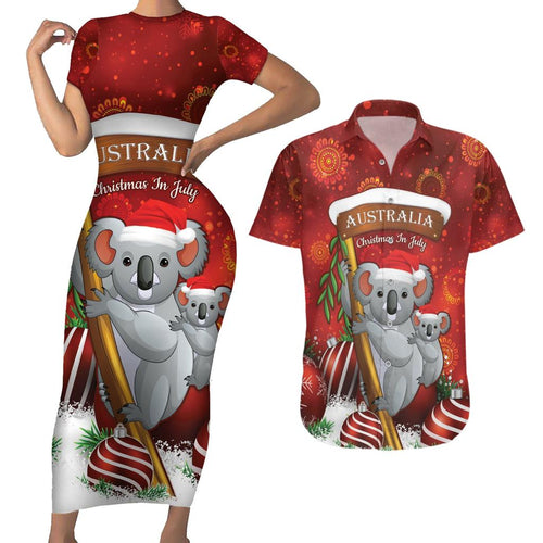 Australia Koala Couples Matching Short Sleeve Bodycon Dress and Hawaiian Shirt Christmas In July - Red