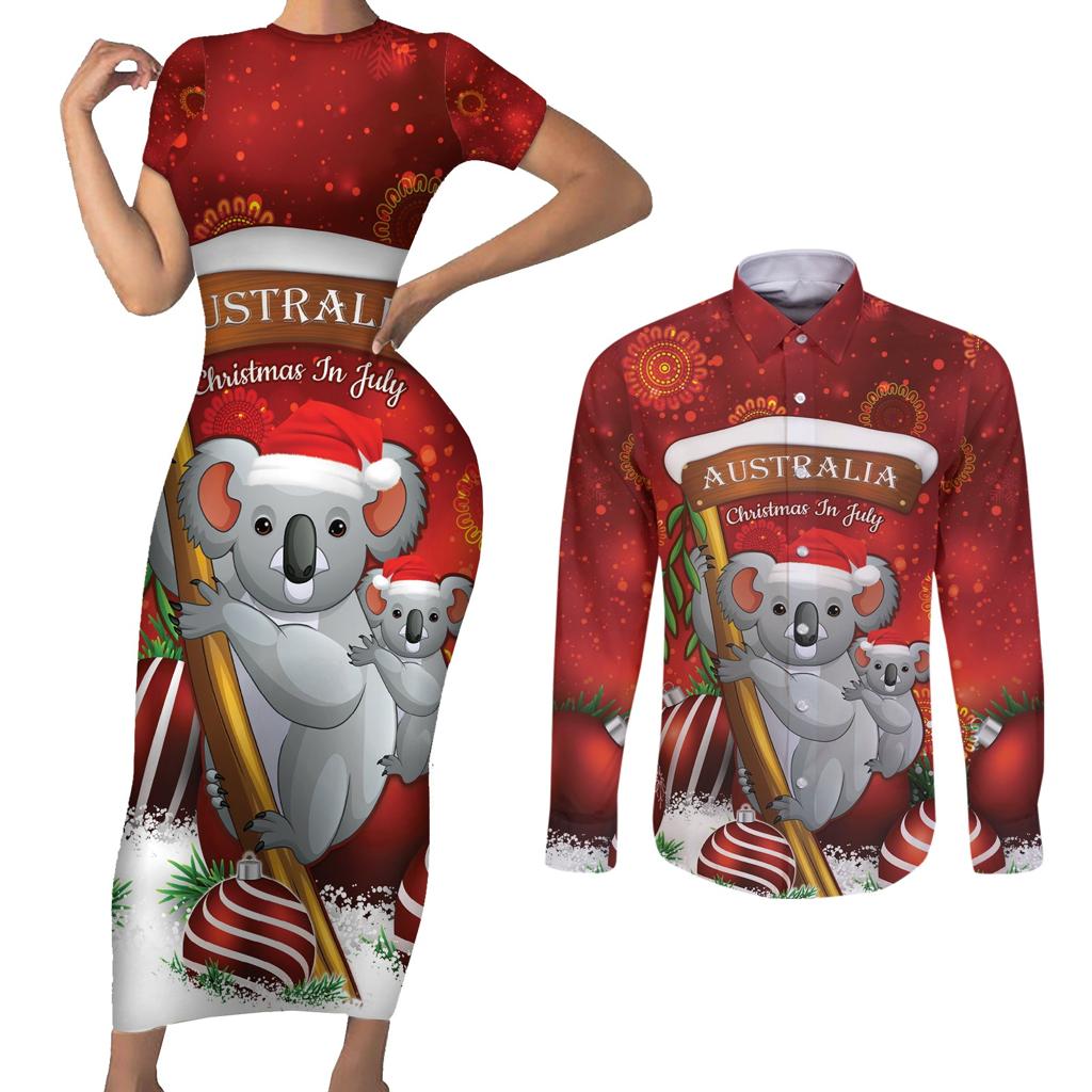 Australia Koala Couples Matching Short Sleeve Bodycon Dress and Long Sleeve Button Shirt Christmas In July - Red