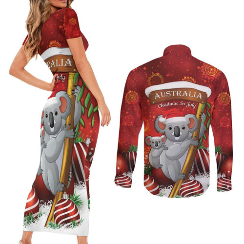 Australia Koala Couples Matching Short Sleeve Bodycon Dress and Long Sleeve Button Shirt Christmas In July - Red